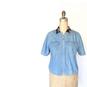80s denim short sleeve with floral collar